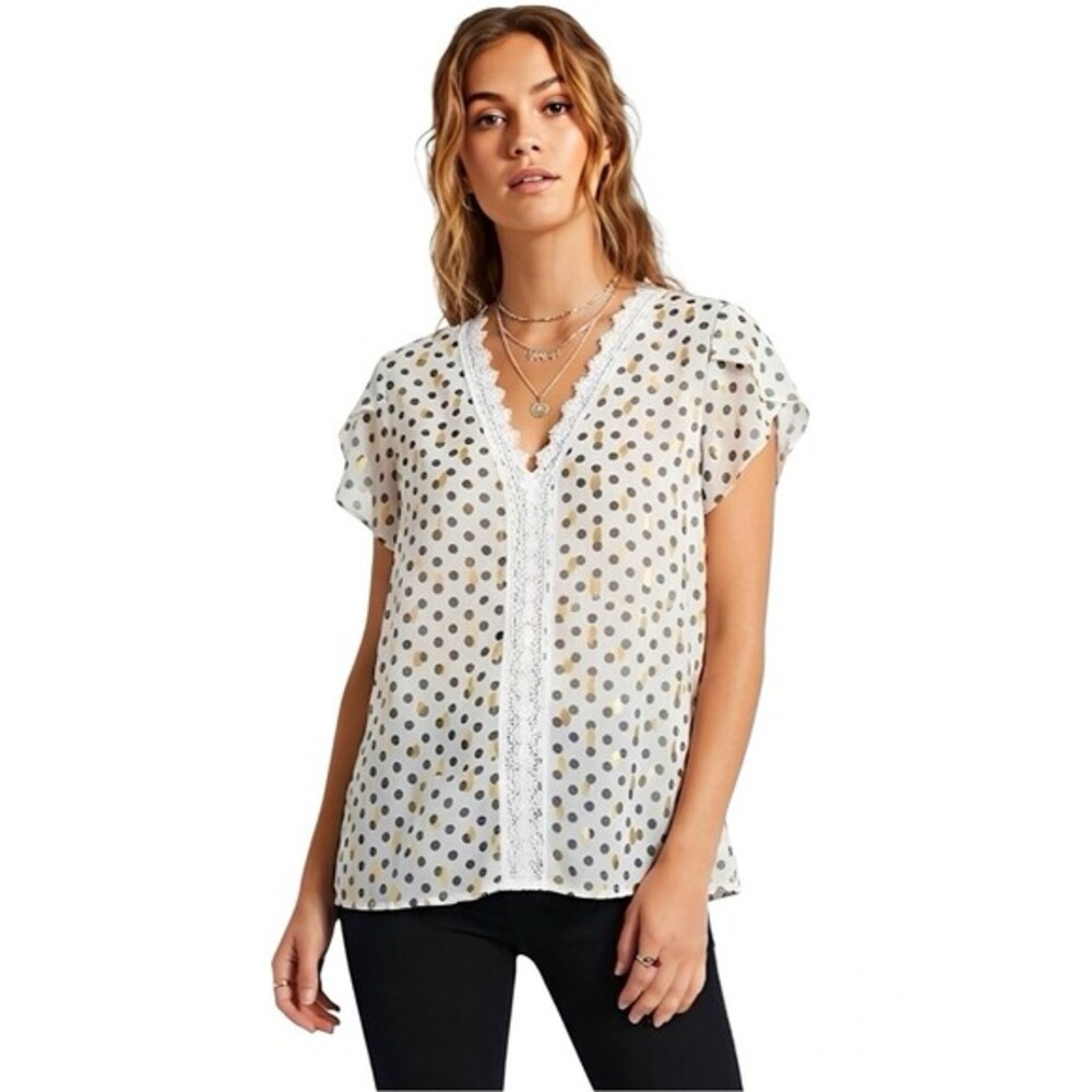 Shein Womens Polka Dot Contrast Lace Petal Sleeve Blouse Chiffon Size Medium